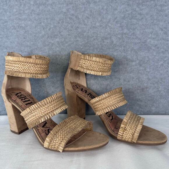 Sam & Libby Women's sz 9 Woven Ankle Strap Block Heel Neutral Beach Tan Vacation - Picture 1 of 8